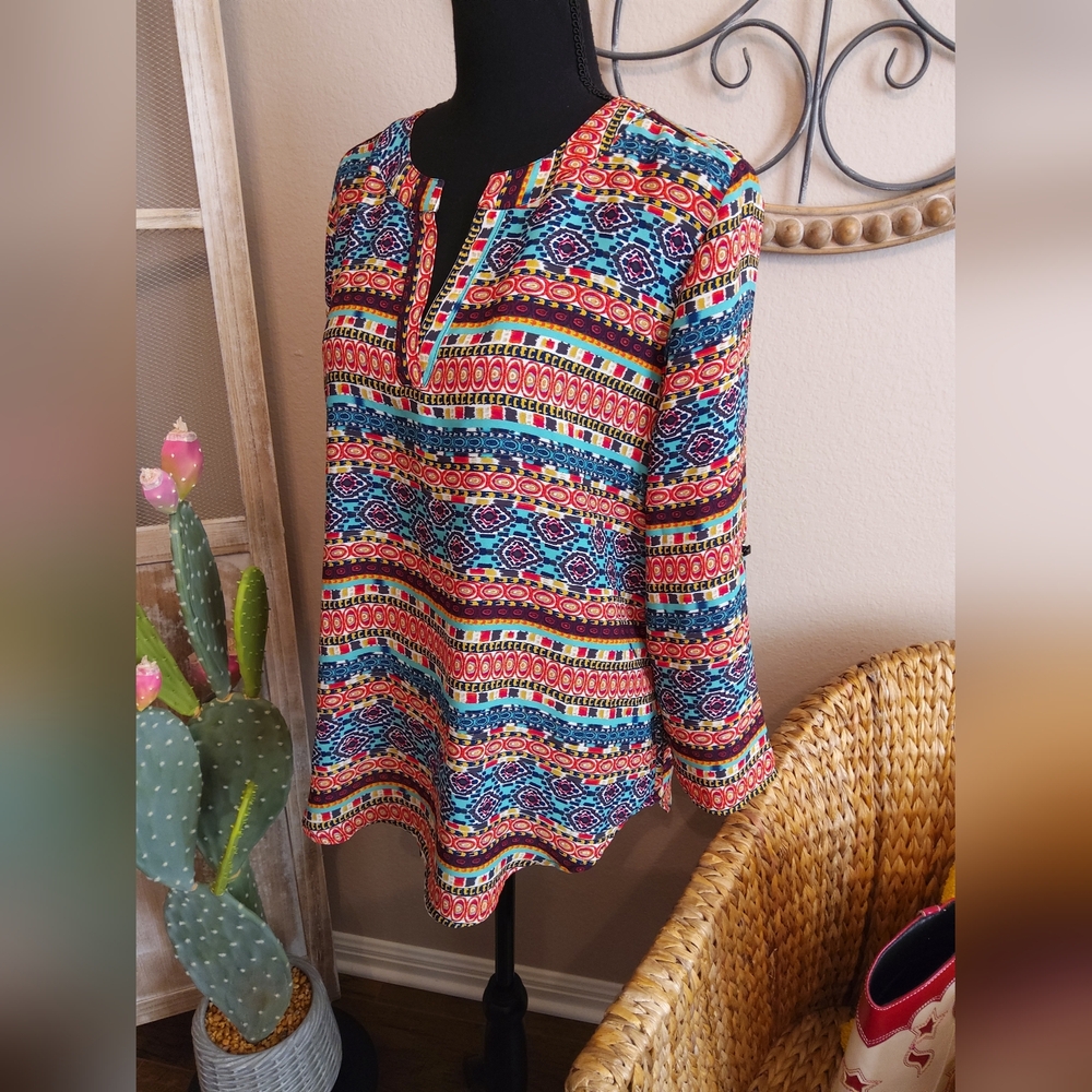 Cato Multicolor Patterned V-Neck Tunic - Picture 4 of 11